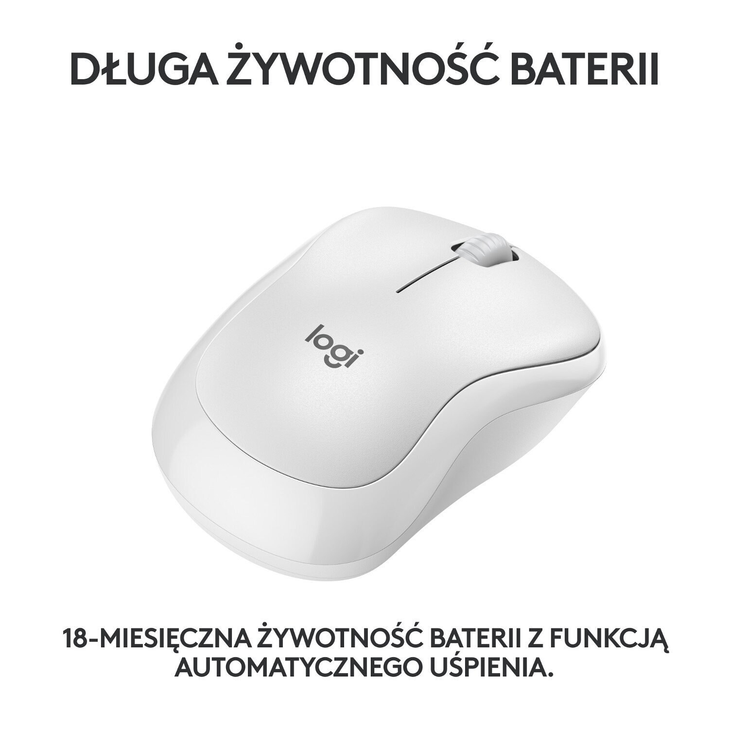 Biała mysz bezprzewodowa Logitech. Tekst: 'Długa żywotność baterii', '18 miesięcy baterii'.