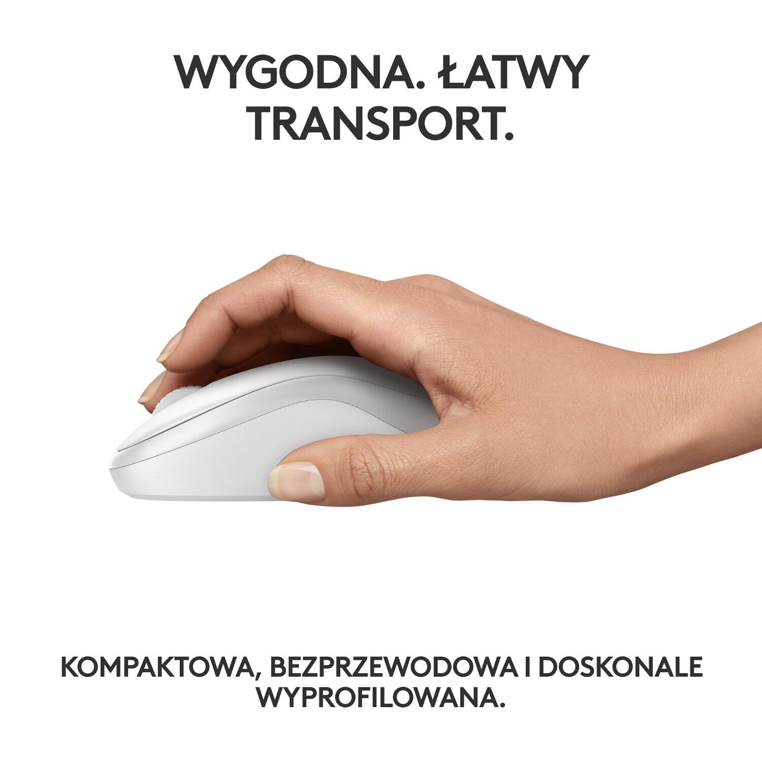 Dłoń trzymająca białą mysz z tekstem w tle.