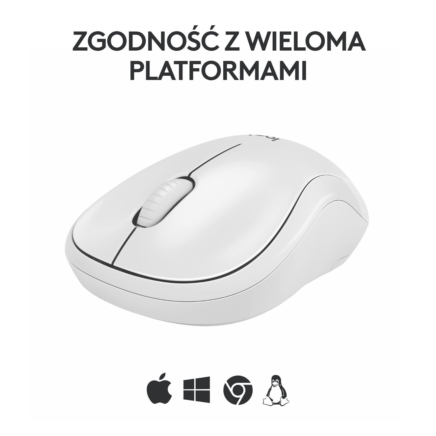 Biała mysz Logitech z ikonami zgodności z Apple, Windows, Chrome i Linux.