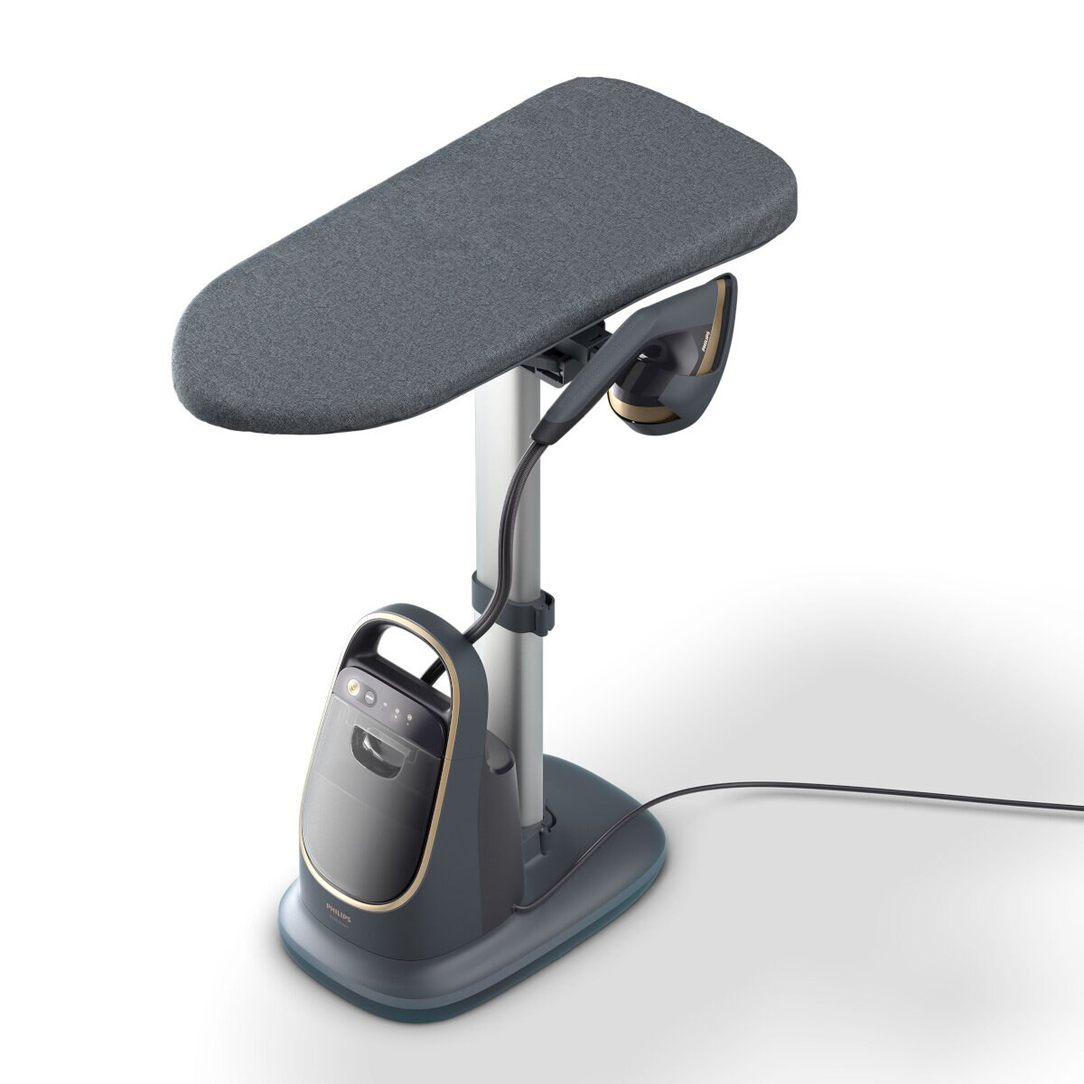 Stojak na żelazko i deskę do prasowania, z podstawą i dołączonym wężem.