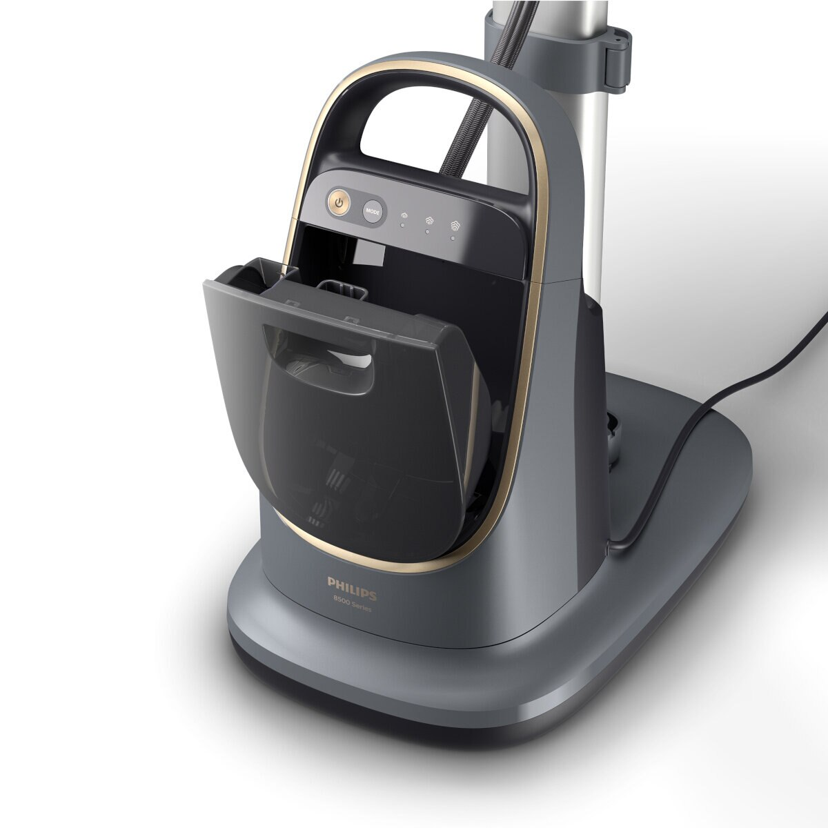 Szara i złota parownica Philips. Posiada uchwyt, panel sterowania i podstawę.