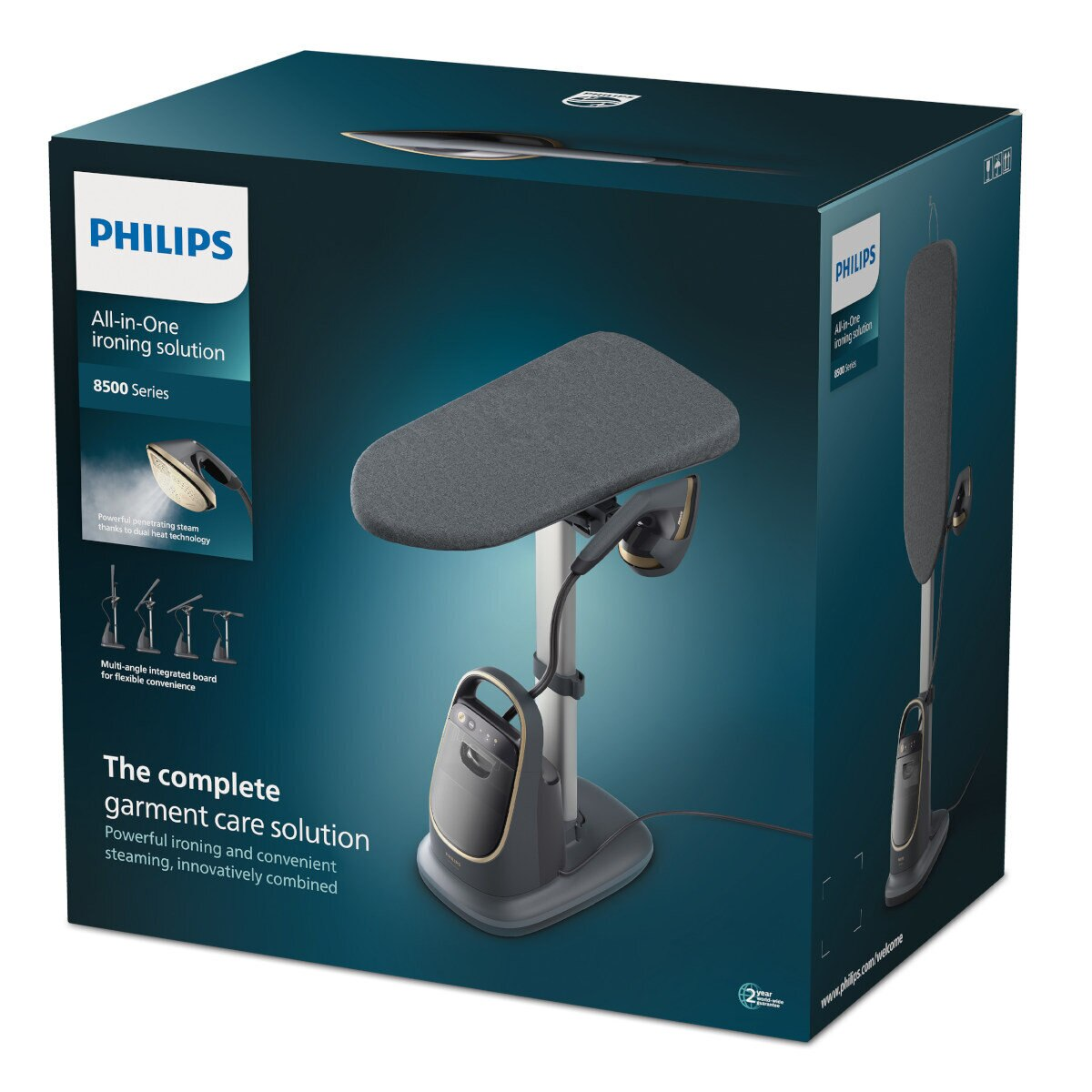 Pudełko parownicy Philips All-in-One z parownicą i deską do prasowania z boku.