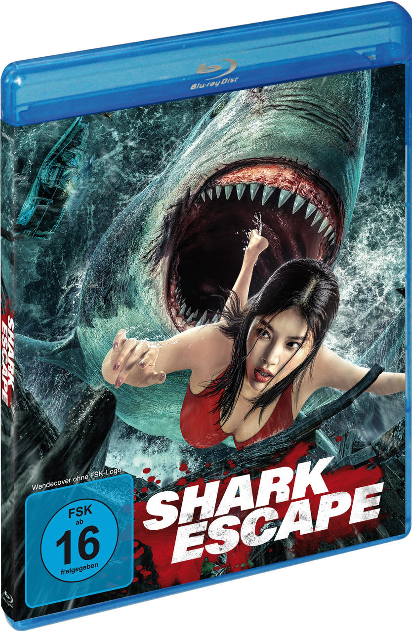 Filmkunstwerk: Eine Frau wird von einem Hai angegriffen, mit dem Titel 'SHARK ESCAPE'.