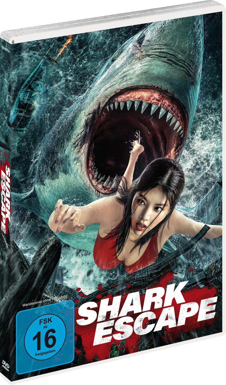 DVD-Hülle mit einem Hai, der eine Frau im Meer angreift. Der Titel lautet 'Shark Escape'.