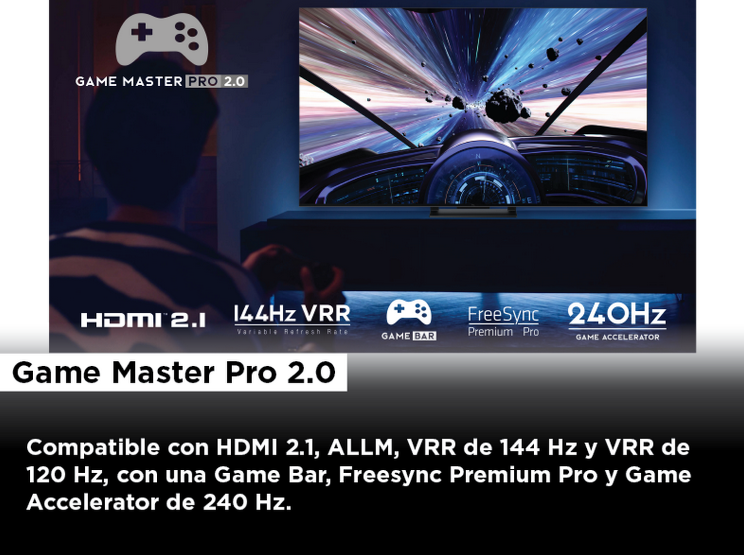 Persona jugando videojuego en pantalla grande, con información de interfaz de juego.