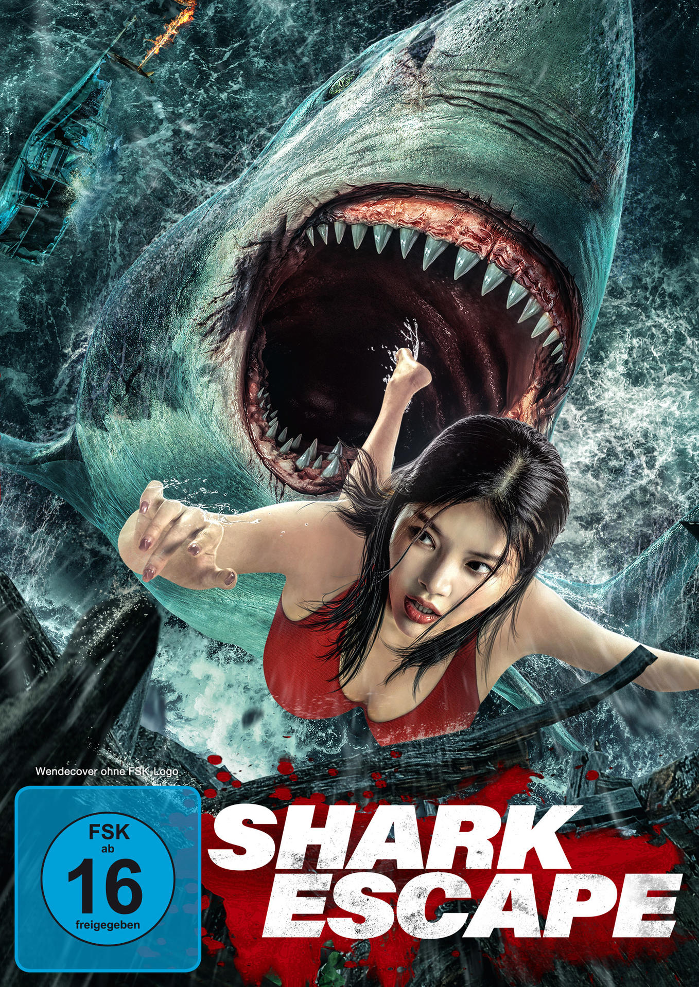 Filmposter von Shark Escape. Eine Frau wird im Wasser von einem Hai angegriffen.