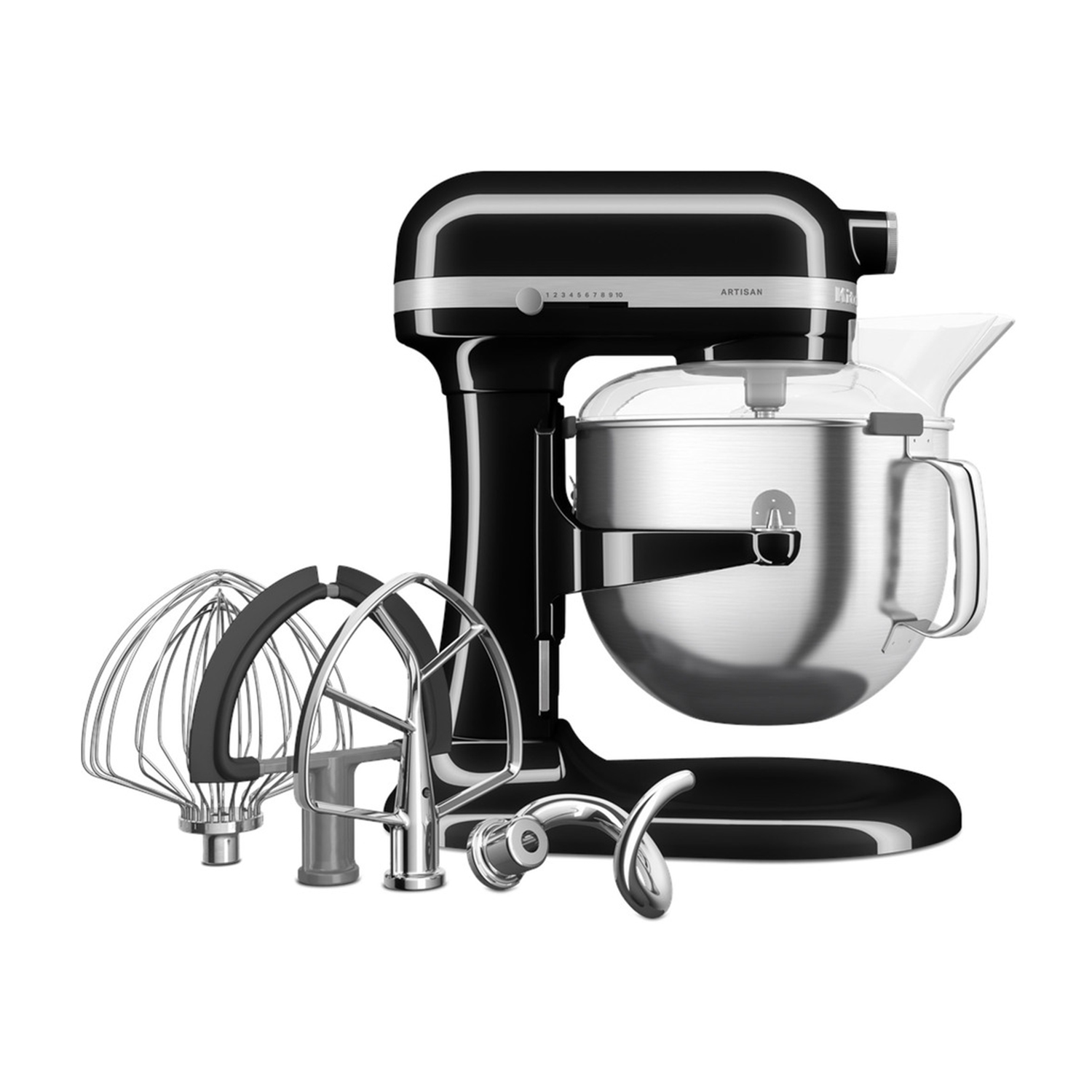 Frullatore KitchenAid Artisan nero con accessori su sfondo bianco, vista ravvicinata.
