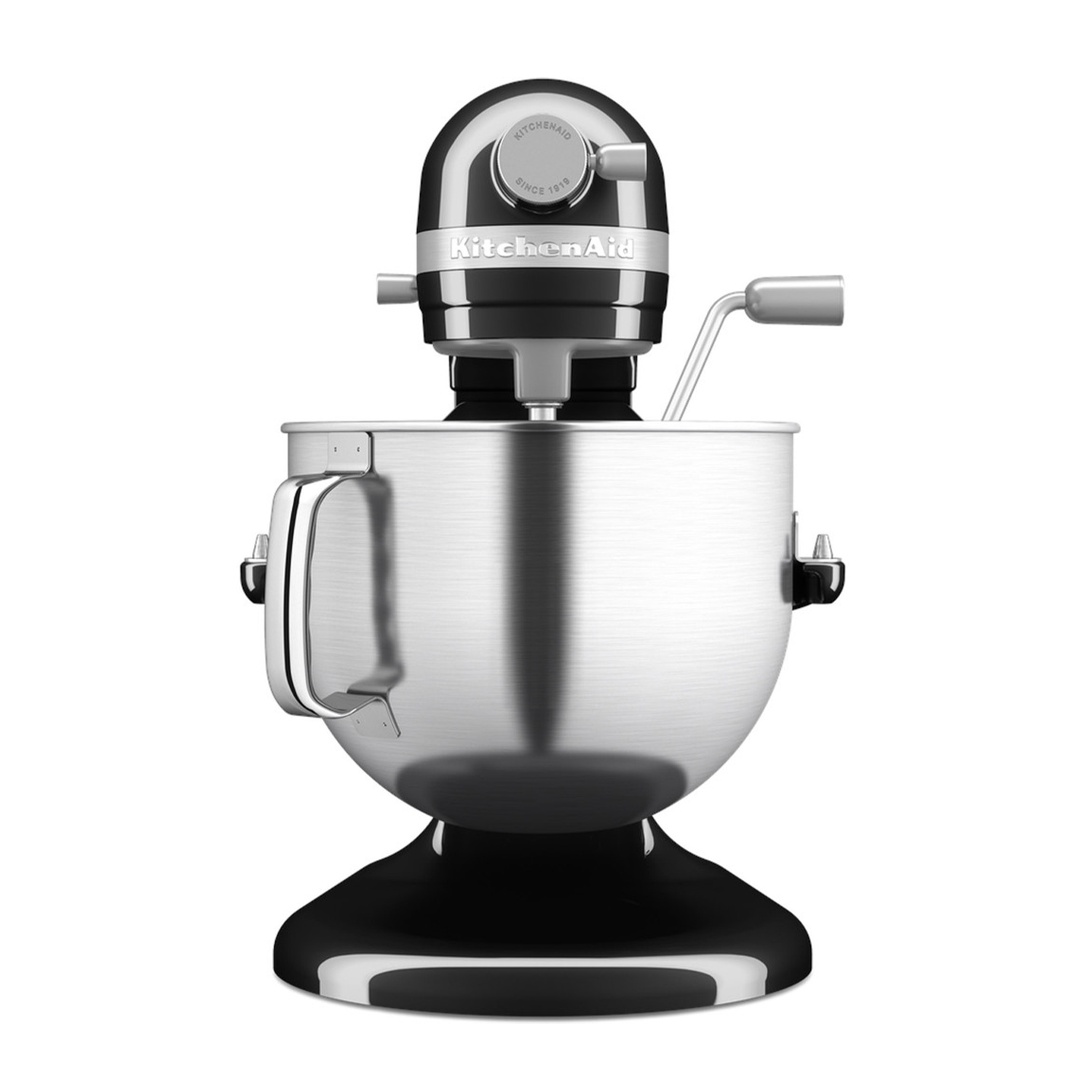Impastatrice KitchenAid nera su sfondo bianco, vista frontale.