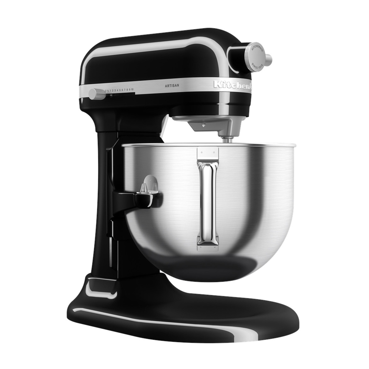 Impastatrice KitchenAid nera con ciotola in acciaio inox. Su sfondo bianco.