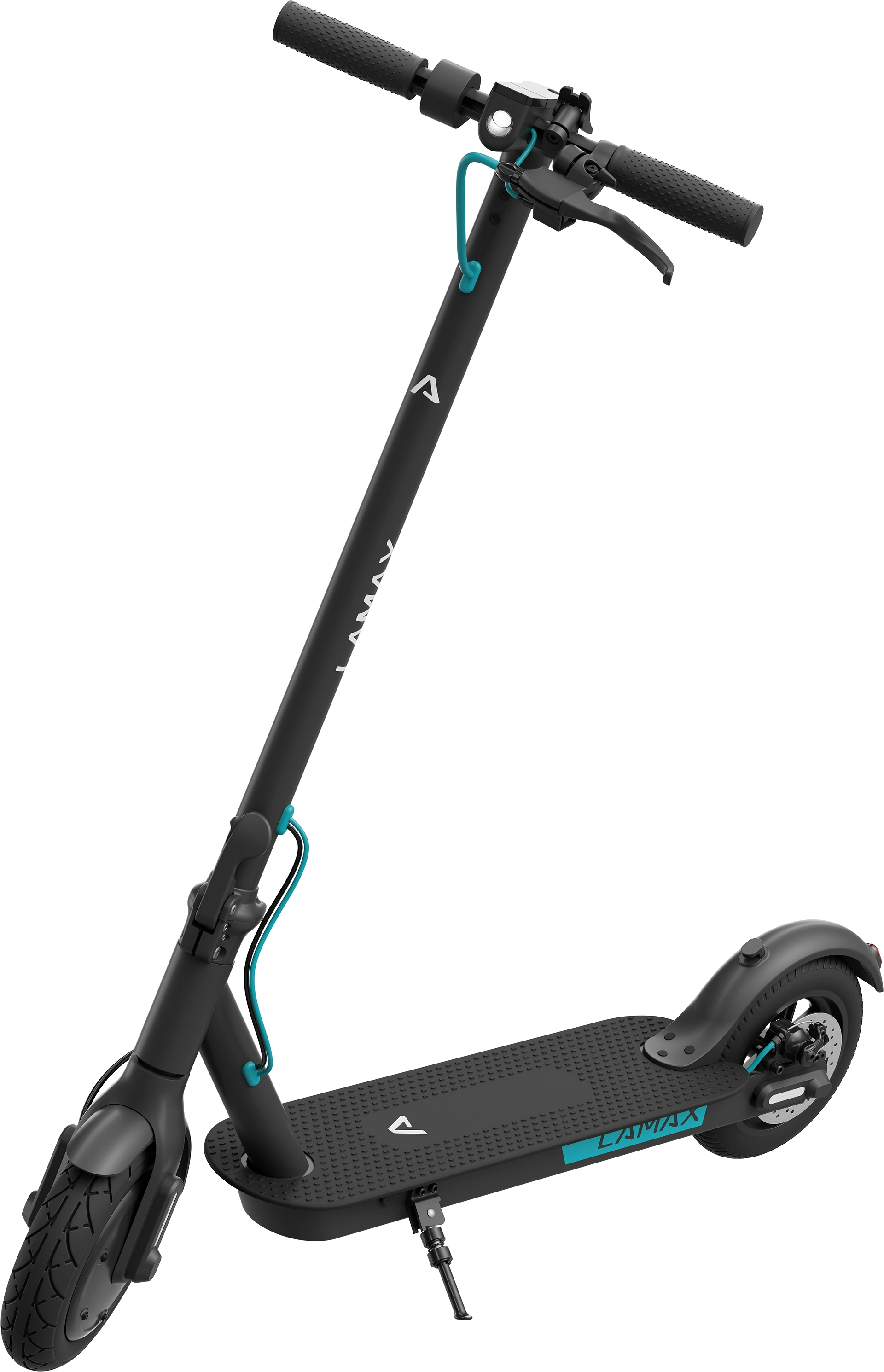 Fekete Lamax elektromos roller, türkiz díszítéssel, szögben. Fekete háttér.