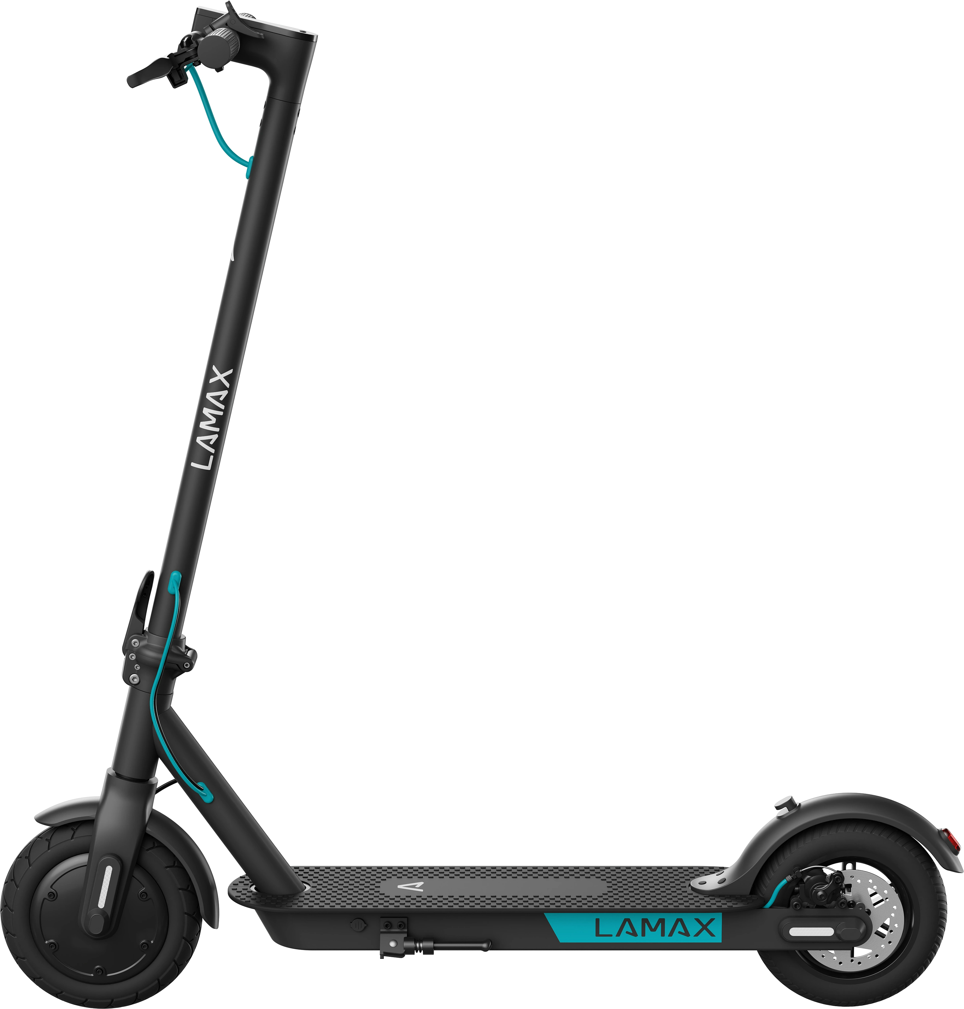 Fekete Lamax elektromos roller, türkiz elemekkel, fehér háttér előtt.