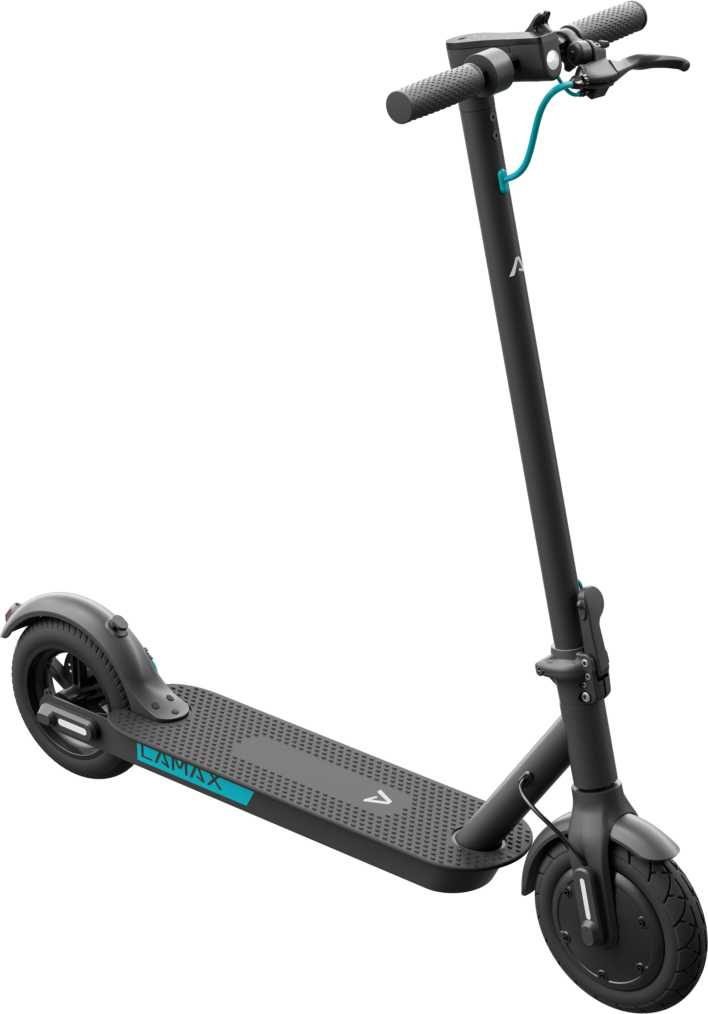 Egy elektromos roller fekete kerettel és türkiz lábdeszkával.