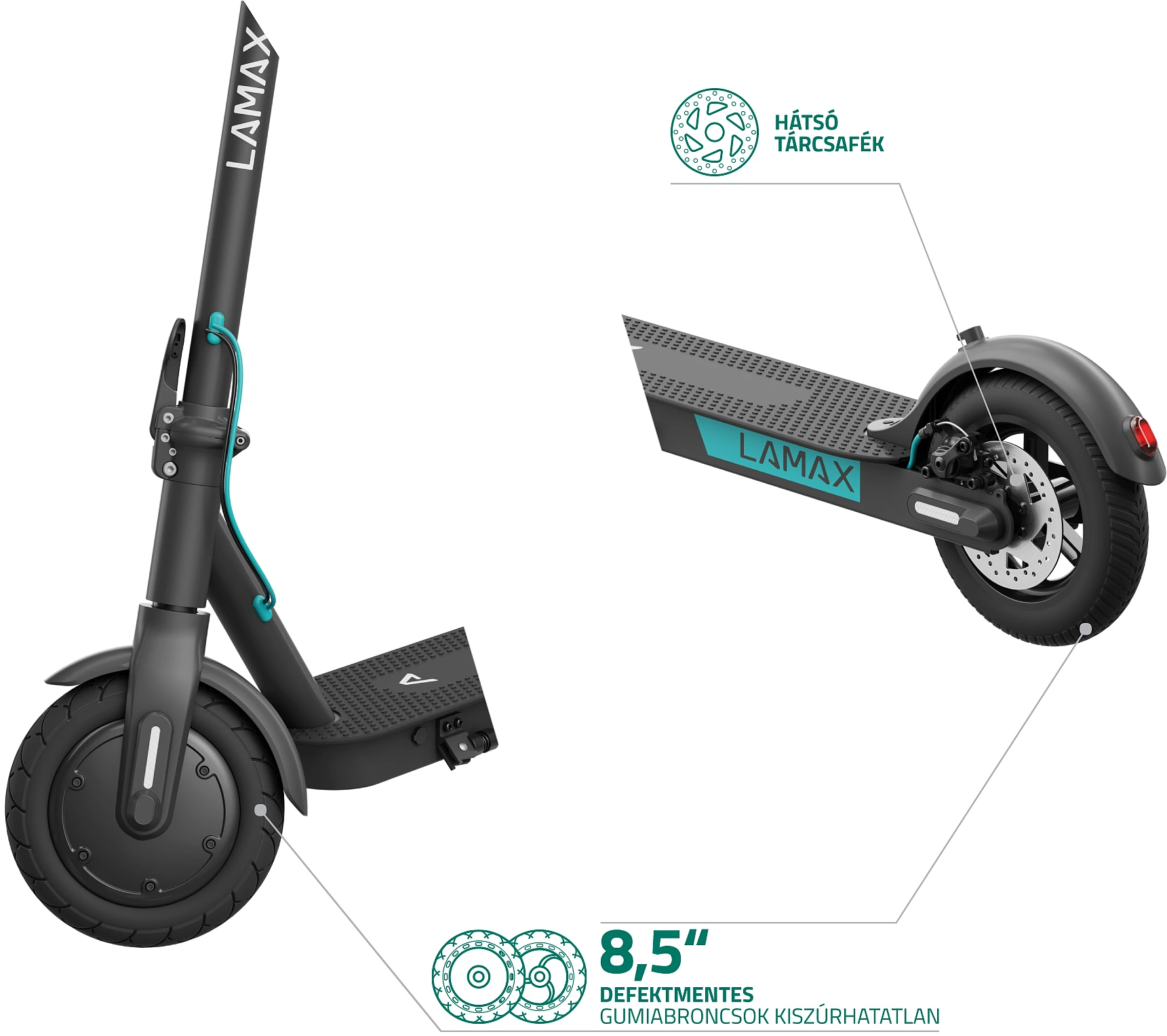 Egy fekete Lamax elektromos roller, amely az első kereket, a keretet és a hátsó kereket mutatja.