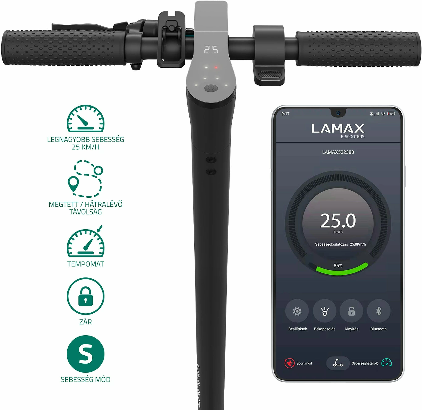 Fekete Lamax elektromos roller, sebesség és akkumulátor élettartam kijelzővel. Okostelefon.