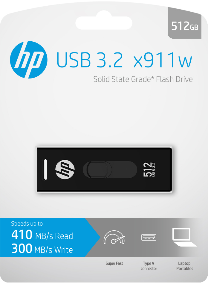 Schwarzer USB-Stick in Verpackung. Zeigt das Laufwerk mit Logo, Lese-/Schreibgeschwindigkeiten.