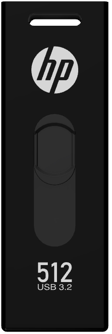 Schwarzer HP USB 3.2-Flash-Laufwerk mit HP-Logo, 512 GB Kapazität.