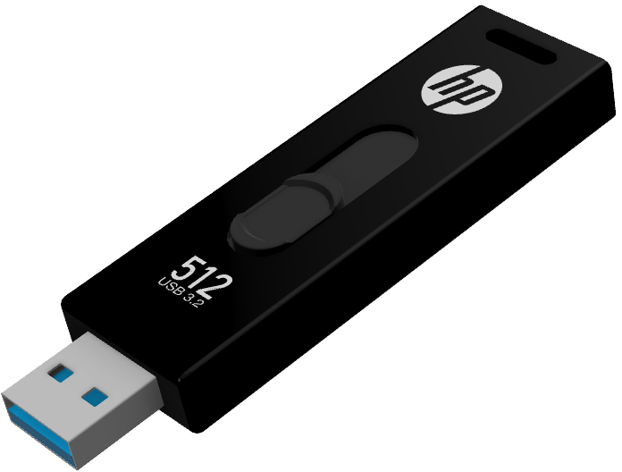 Schwarzer USB-Stick mit silbernen Details, zeigt das HP-Logo und die 512 USB 3.2-Markierung.