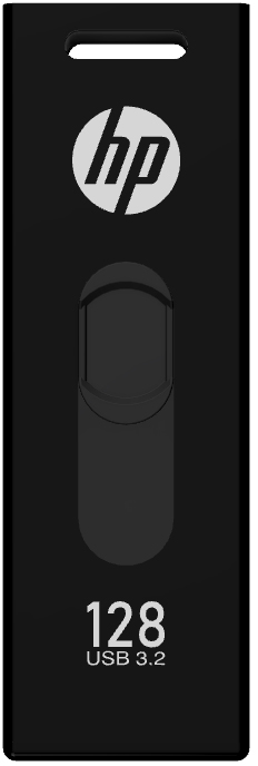 Ein schwarzer 128GB HP USB 3.2-Flash-Laufwerk mit dem HP-Logo.