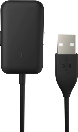 Adaptateur de charge noir avec un câble USB. L'adaptateur possède deux petits boutons.