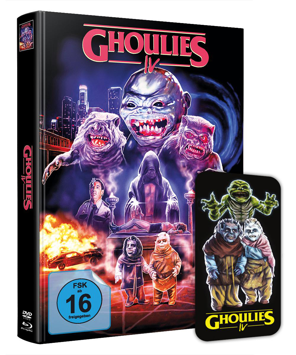 'Ghoulies IV' DVD-Cover. Monster und eine Stadt werden gezeigt. Mit Bonuskarte.