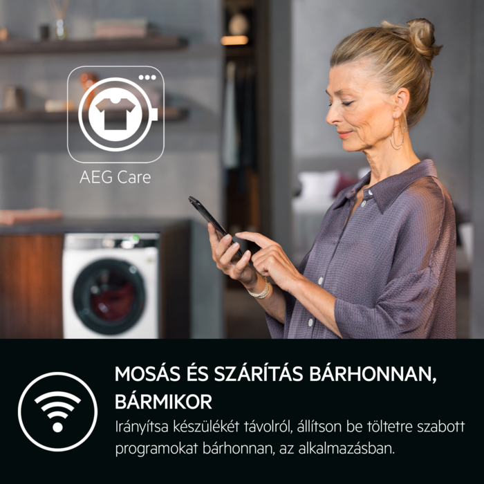 Nő telefont használ, AEG Care ikonnal és távirányításról szóló szöveggel.