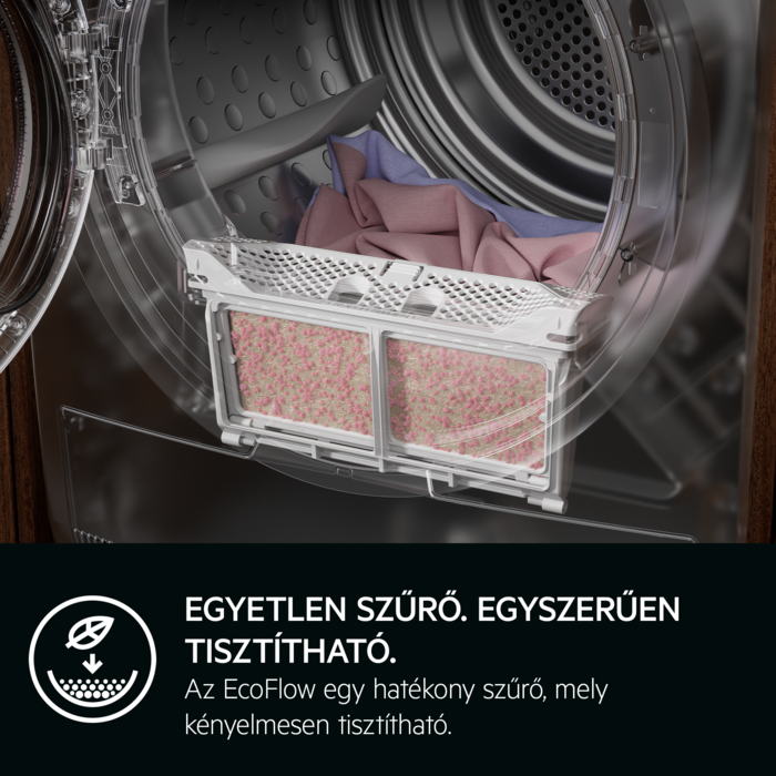 Közelkép egy mosógép szűrőjéről és az 'EGYETLEN SZŰRŐ. EGYSZERŰEN TISZTÍTHATÓ' szöveg.