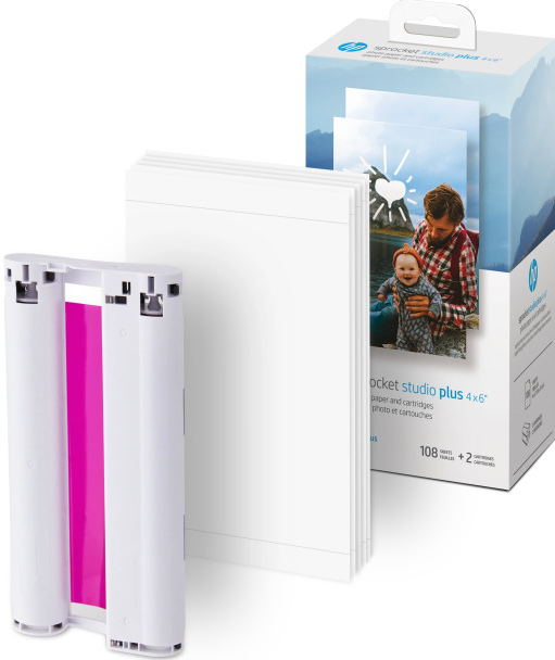 Kit stampante fotografica HP Sprocket Studio plus 4x6 con cartucce e carta fotografica.