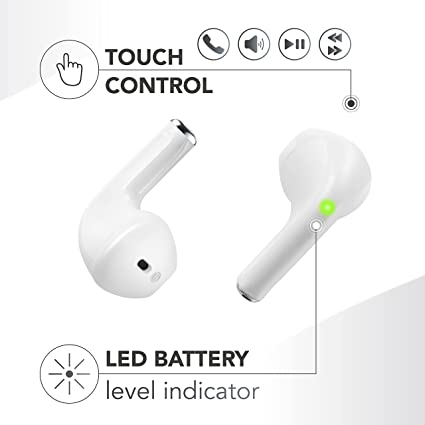 Auriculares blancos con controles táctiles e indicador de nivel de batería.