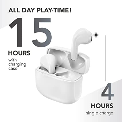 Auriculares inalámbricos blancos en estuche de carga con texto sobre tiempo de juego.