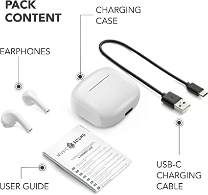 Auriculares blancos, estuche de carga y cable USB-C. Guía de usuario.