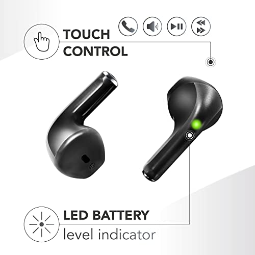 Par de auriculares inalámbricos negros, con iconos de control táctil. Se muestra el indicador LED de nivel de batería.