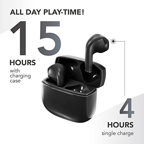 Auriculares y estuche de carga negros. Texto: 15 horas de reproducción con estuche, 4 horas por carga.