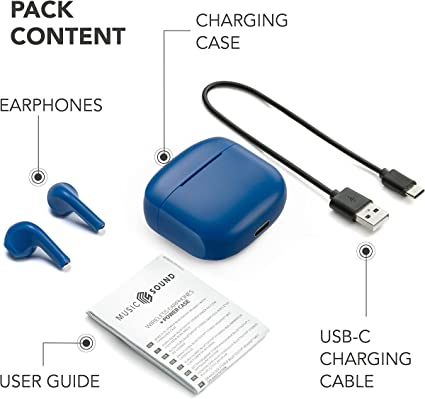 Contenido del paquete: auriculares azules, estuche de carga, cable USB-C y guía del usuario.