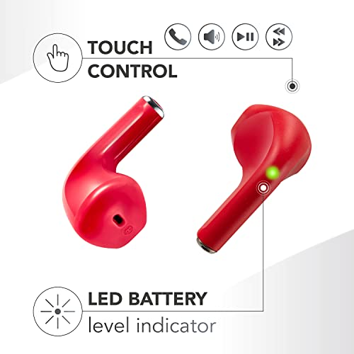 Dos auriculares inalámbricos rojos con iconos de control táctil y un indicador de nivel de batería se muestran.