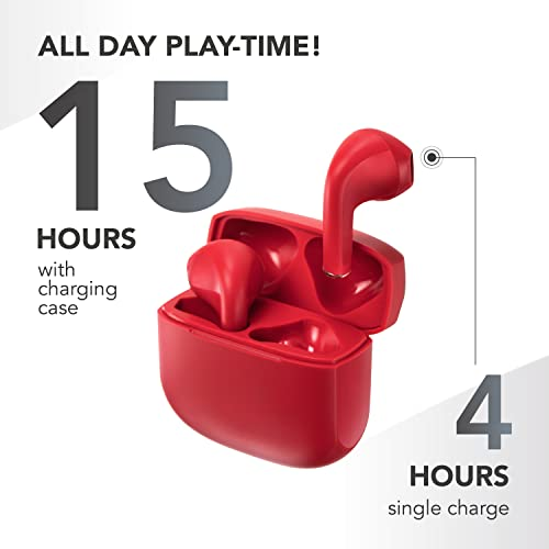Auriculares rojos y estuche de carga con texto que muestra 15 horas de juego y 4 horas de carga.