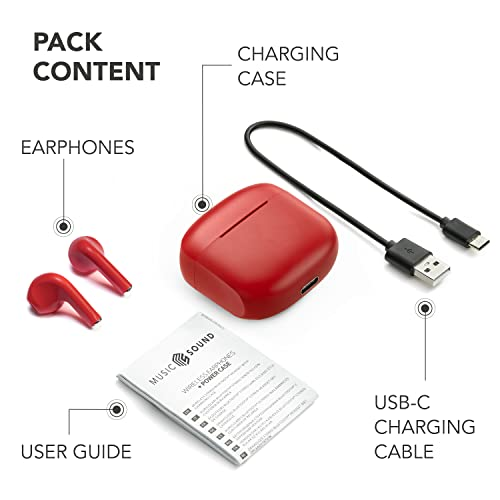 Auriculares rojos, estuche de carga, cable USB-C y guía del usuario. Las etiquetas de texto indican los elementos.