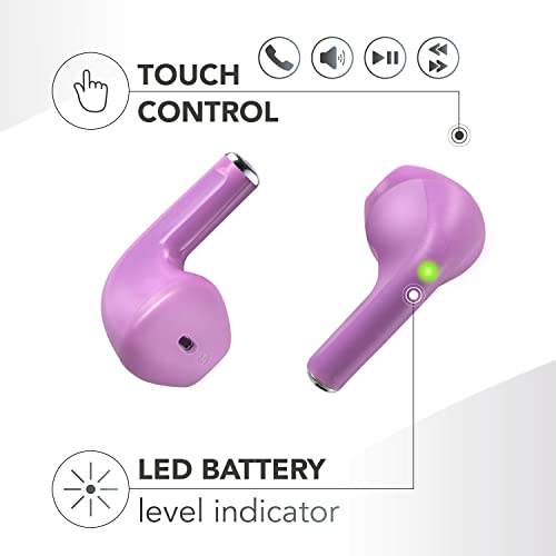 Auriculares morados con iconos de control táctil. Muestra el indicador de batería LED y otros iconos de control sobre fondo blanco.