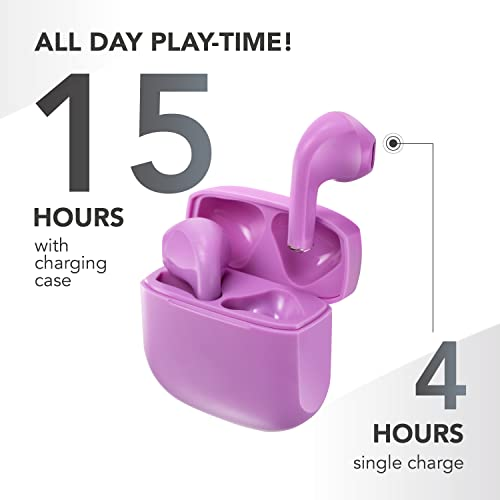 Auriculares rosas en un estuche de carga. Texto: 15 horas con estuche, 4 horas con una sola carga.
