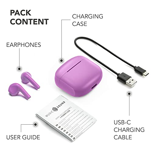 Auriculares, estuche de carga y cable de carga USB-C sobre una superficie blanca. Guía del usuario incluida.