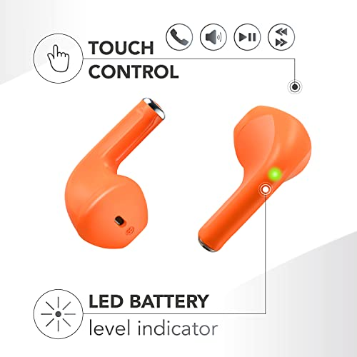 Dos auriculares naranjas con símbolos de control táctil.