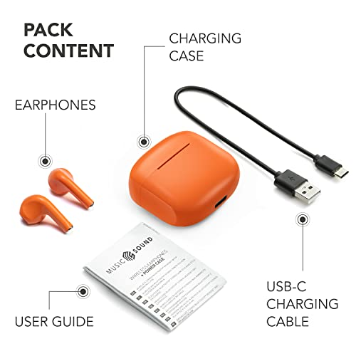 Funda de carga naranja, auriculares y cable de carga. Incluye una guía del usuario.