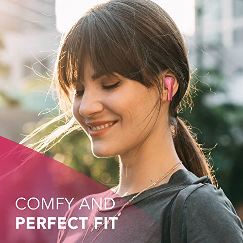 Mujer sonriendo con auriculares rosas. El texto dice: Ajuste cómodo y perfecto.