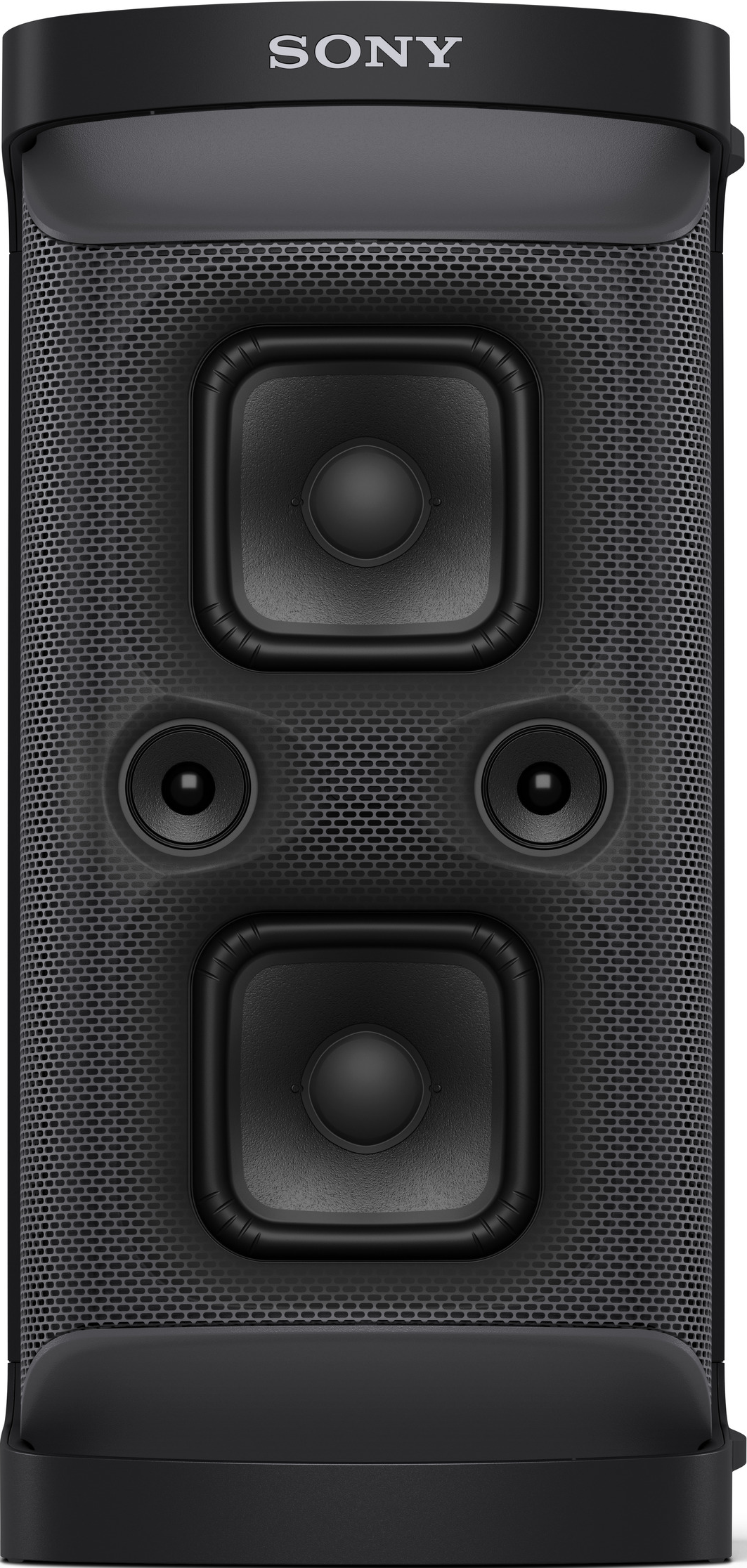 Schwarzer Sony-Lautsprecher mit mehreren Lautsprechern, Mesh-Front und Sony-Logo.