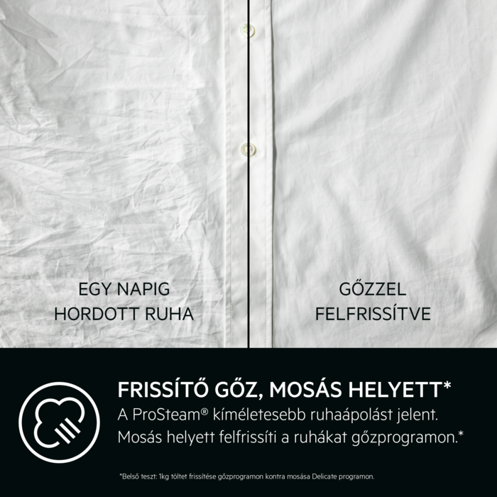 Két fehér ing. Az egyik gyűrött, a másik sima, a gőzölés eredményét mutatva.