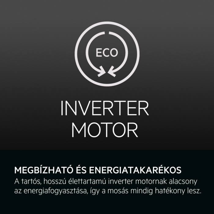 Egy nyíl ikon és az 'ECO' felirat egy inverter motort leíró szöveg felett.