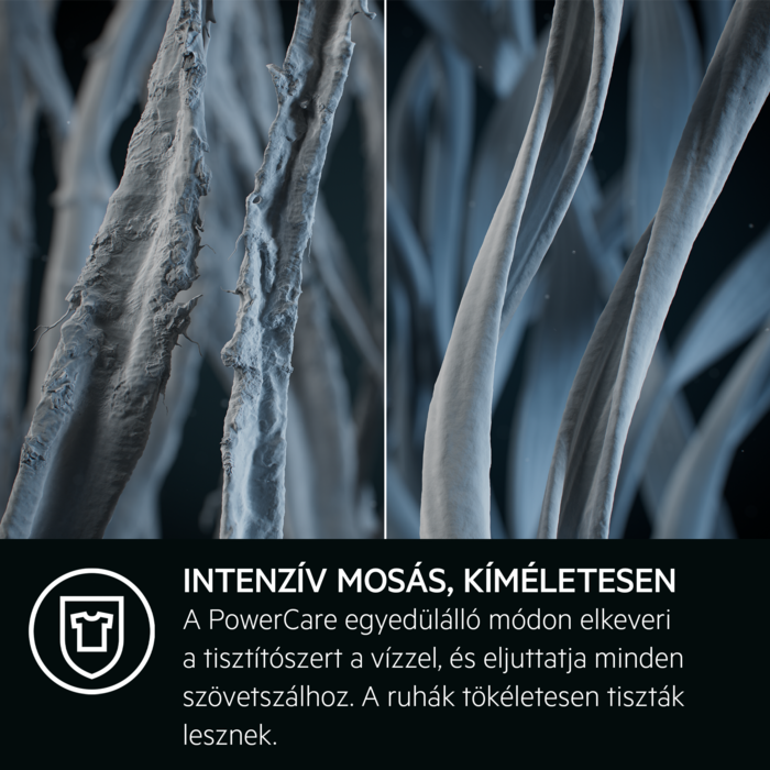 Szövetrostok közeli képe, a tisztítás hatékonyságát mutatva, alatta szöveggel.