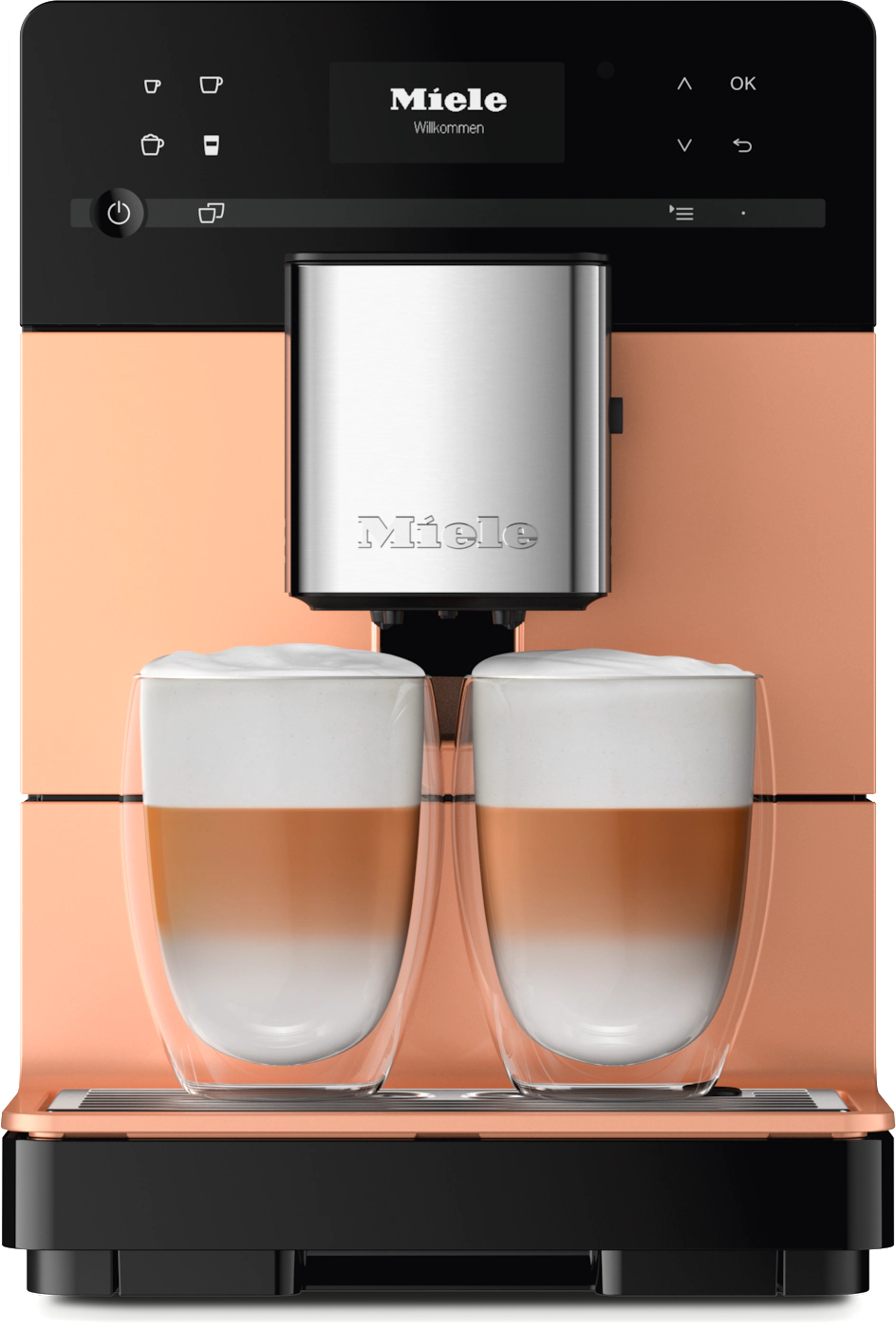 Eine Kaffeemaschine mit zwei Gläsern. Sie hat eine roségoldene Farbe und schwarze Akzente.