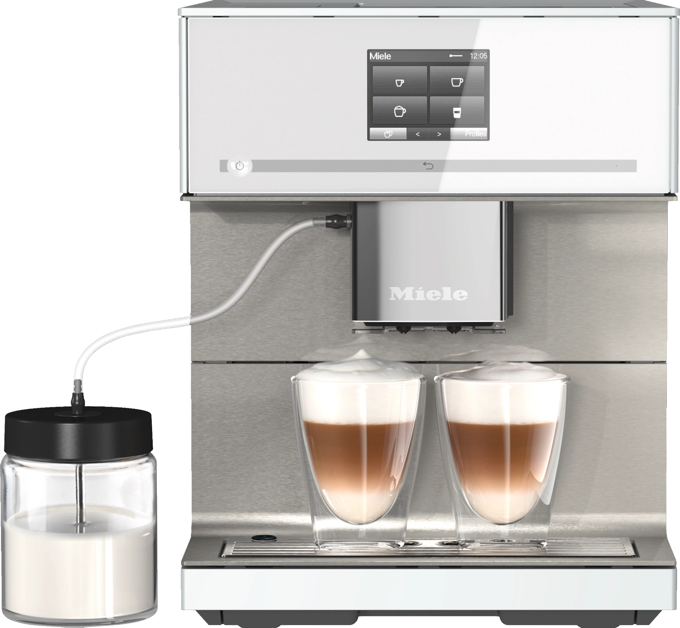 Miele Kaffeemaschine mit zwei Kaffeegläsern, Milchbehälter und Bildschirm.