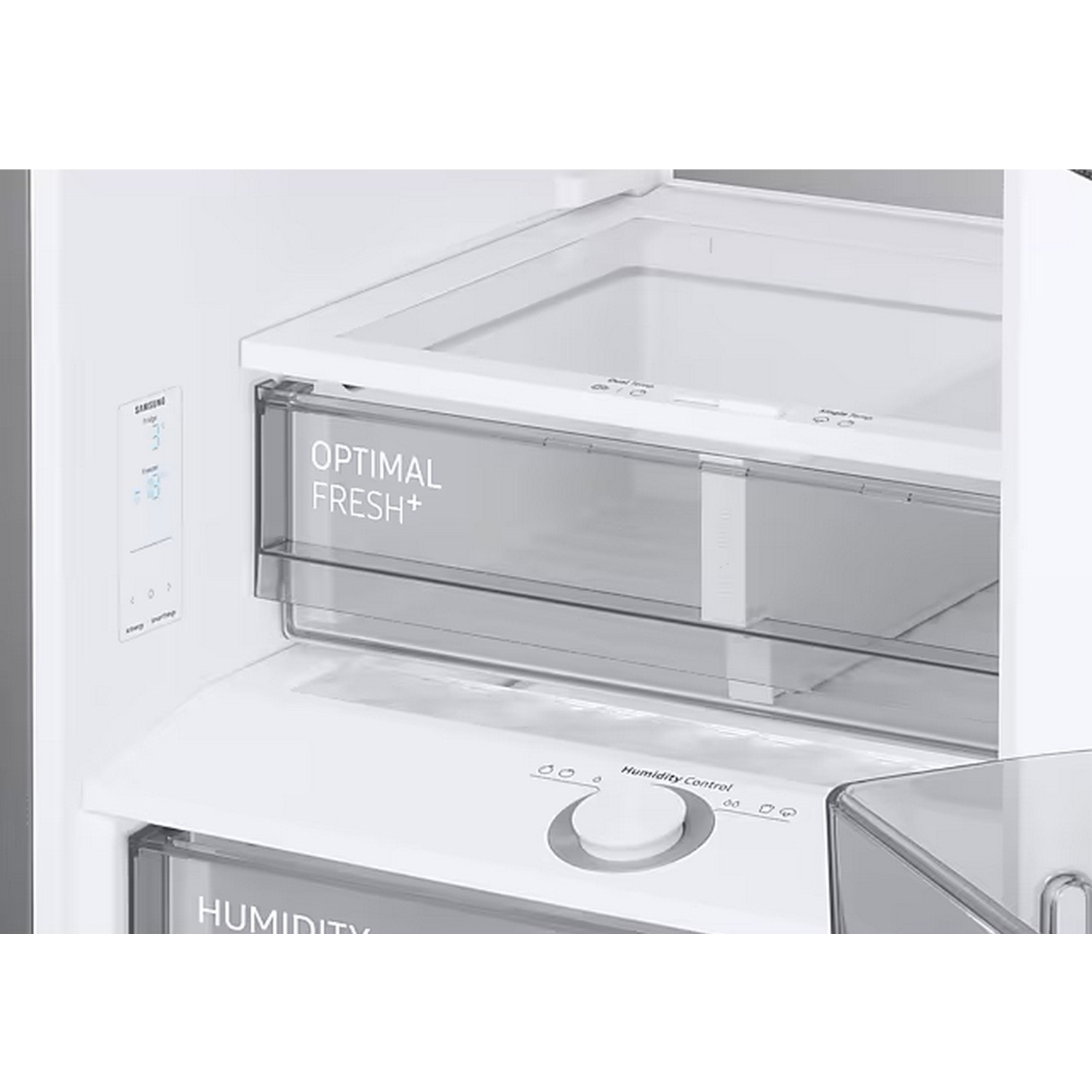 Intérieur d'un réfrigérateur, montrant le tiroir Optimal Fresh+ et les commandes.