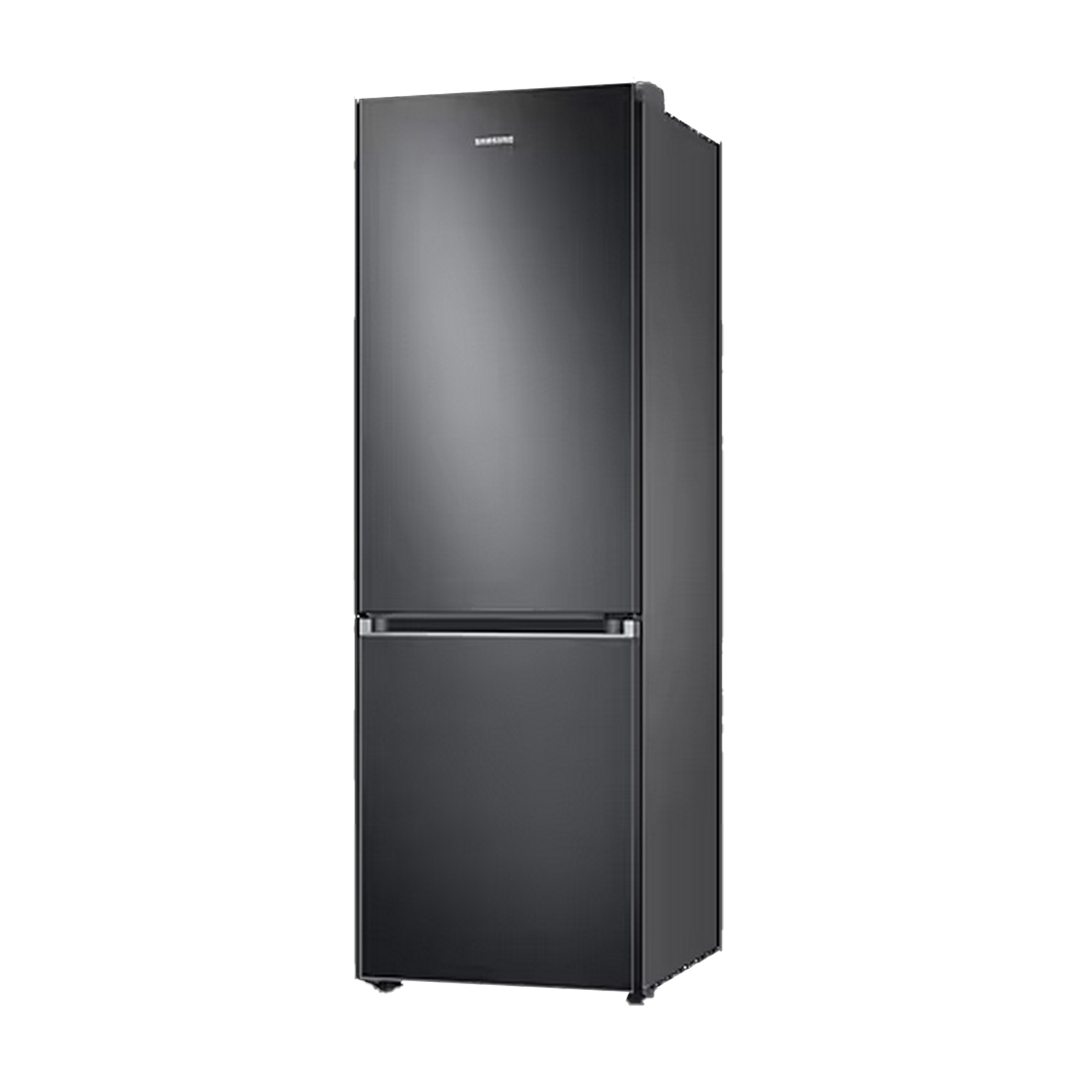 Réfrigérateur Samsung noir à deux portes, debout.